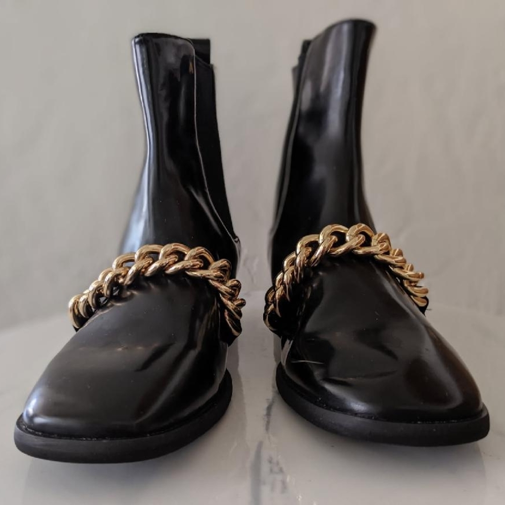 Jeffrey Campbell Glossy Black Boots with Gold Chain 8.5